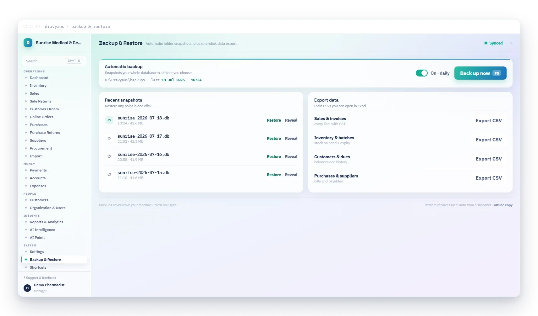 DravyaOS backup and restore with folder snapshots and CSV data export