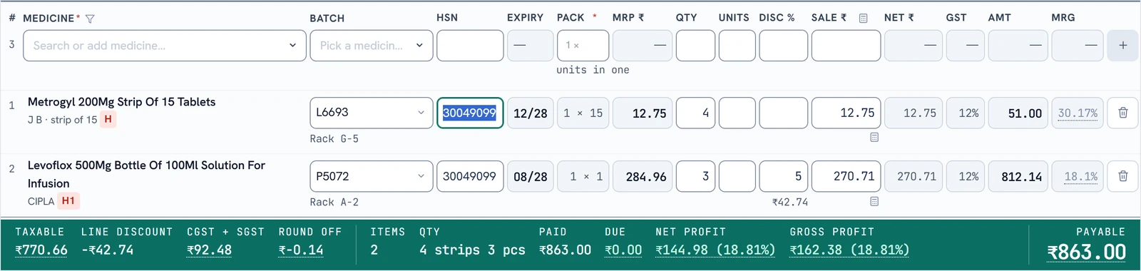 A bill being edited in DravyaOS with MRP, sale rate, discount, GST and margin per line, and net and gross profit totals in the footer.