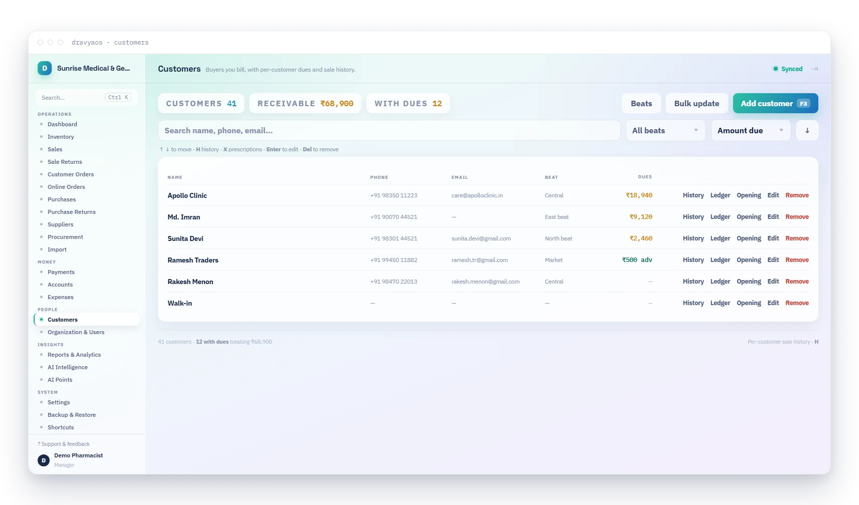 DravyaOS customers with credit dues, sale history, and prescription records