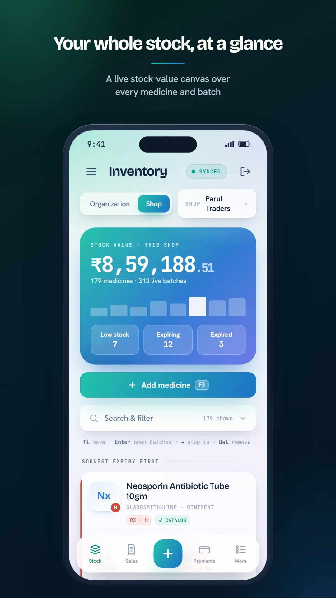 DravyaOS on a phone — live stock value over every medicine and batch, with low-stock and expiry counts