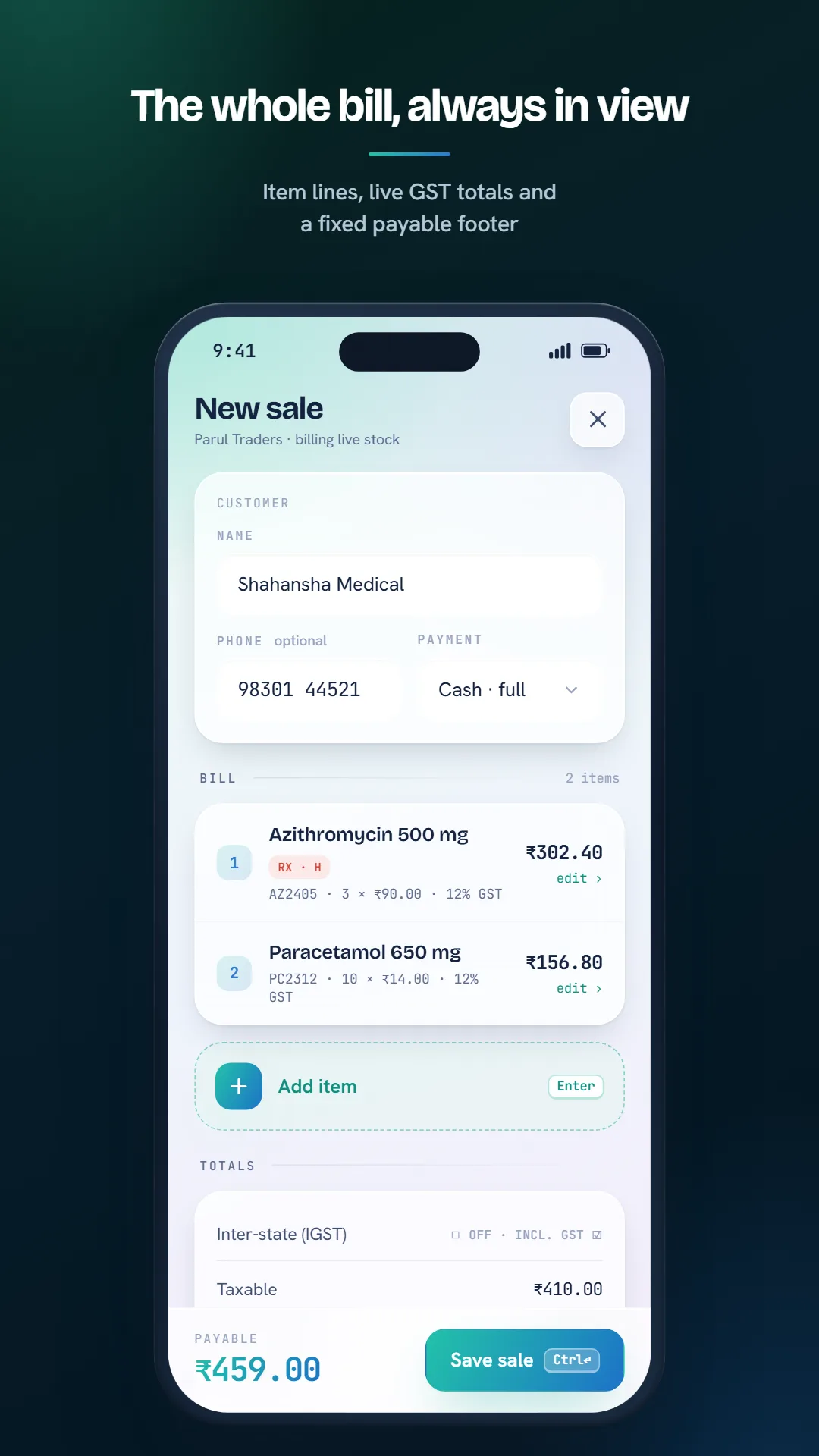 DravyaOS on a phone — billing a new sale from the counter