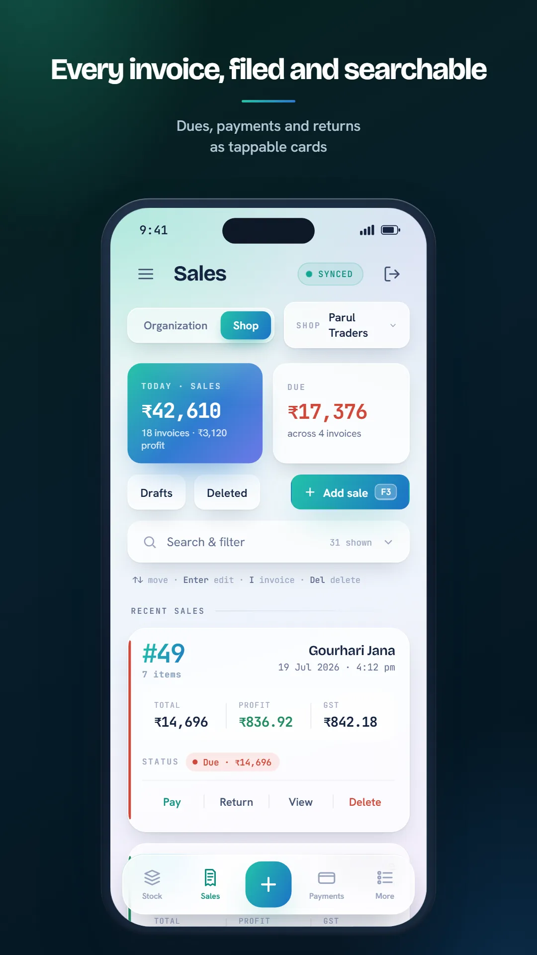 DravyaOS on a phone — the sales list with GST totals and paid or credit status