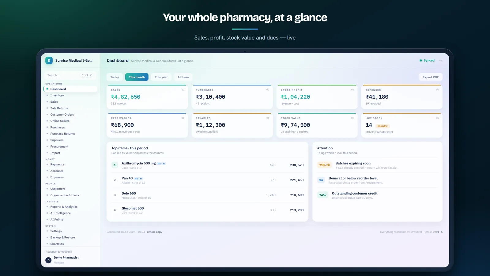 DravyaOS on a tablet — the shop dashboard with sales, gross profit, stock value, receivables and expiring batches at a glance