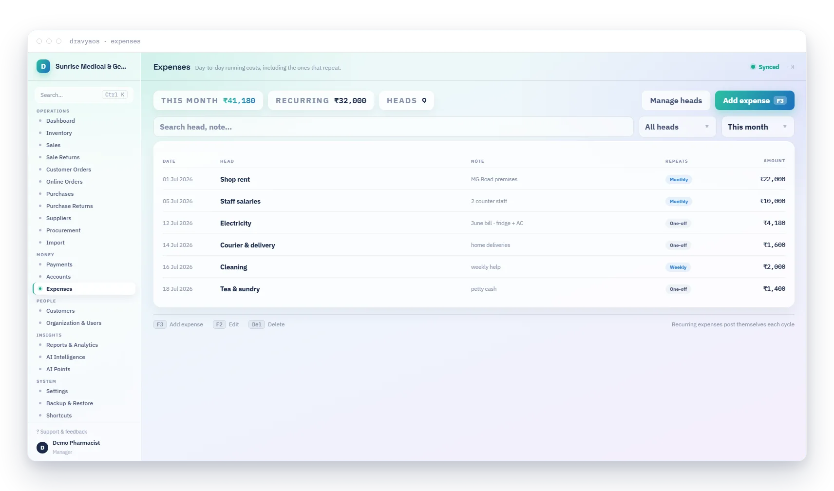 DravyaOS expenses tracking day-to-day running costs including recurring ones