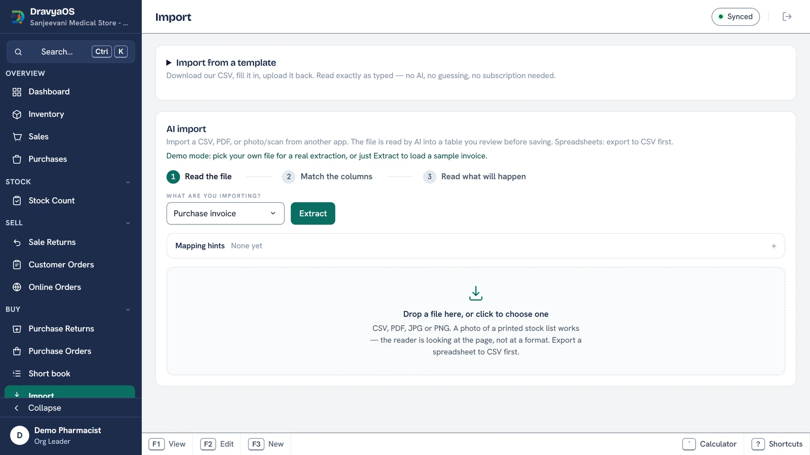 The Import screen with a choice between importing from a template and AI import of a CSV, PDF or photo from another app, in three steps.
