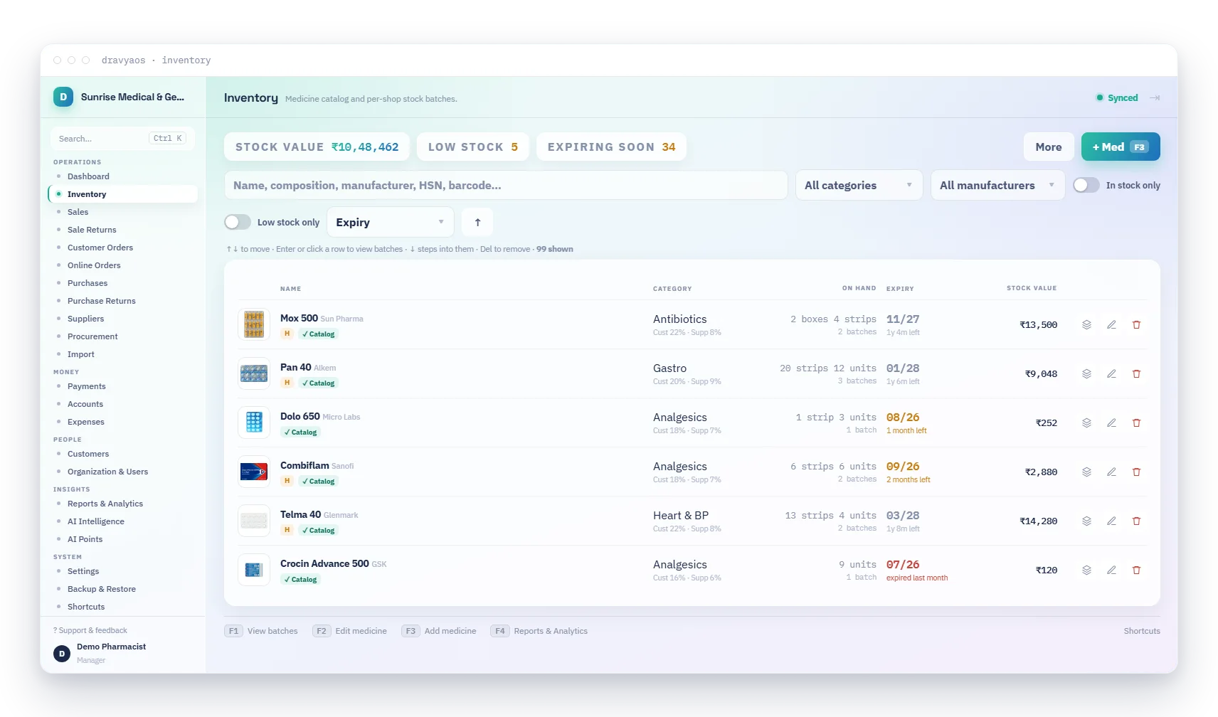 DravyaOS inventory list showing medicines, batches, GST rates, and low-stock flags
