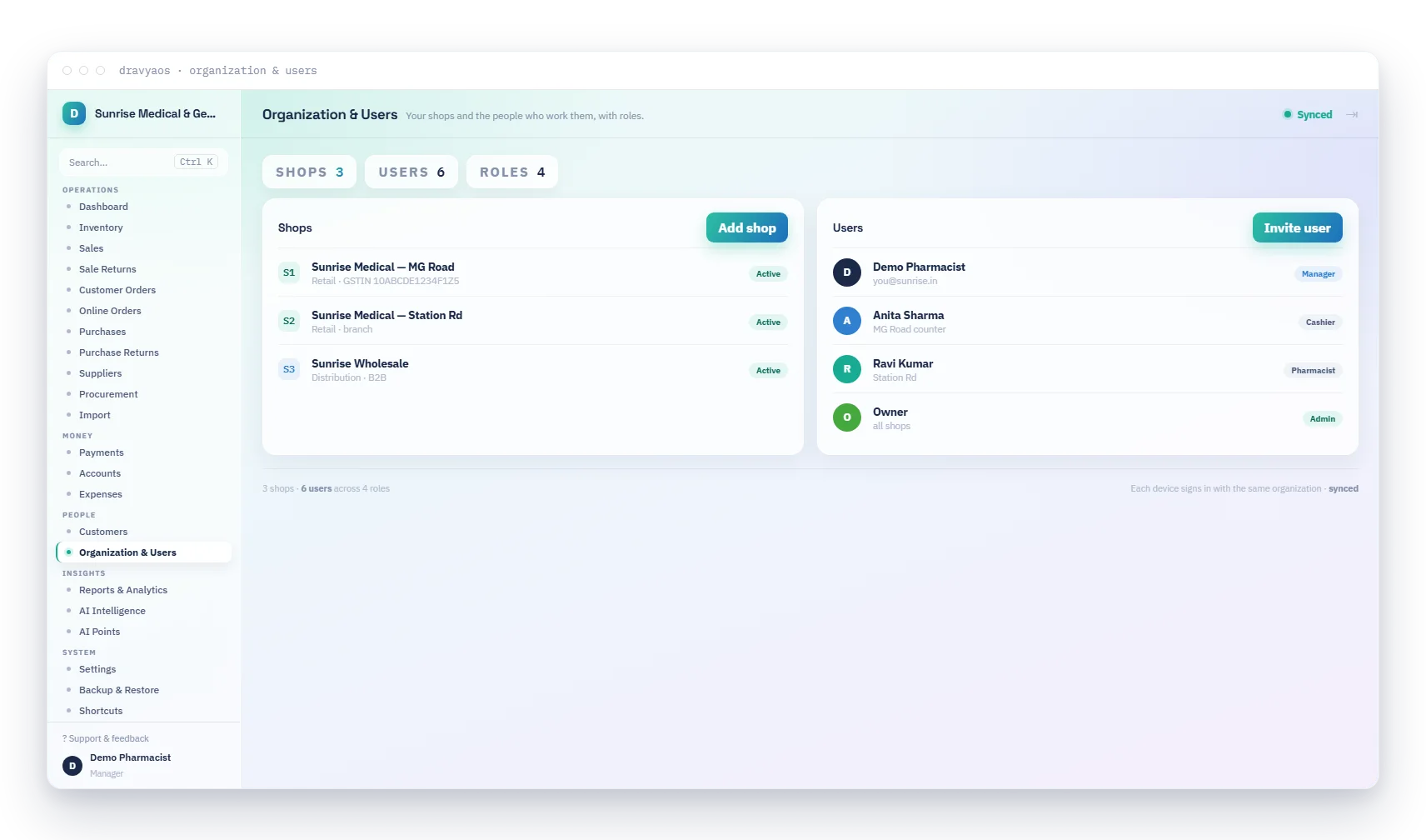 DravyaOS organization and users managing multiple shops and staff roles