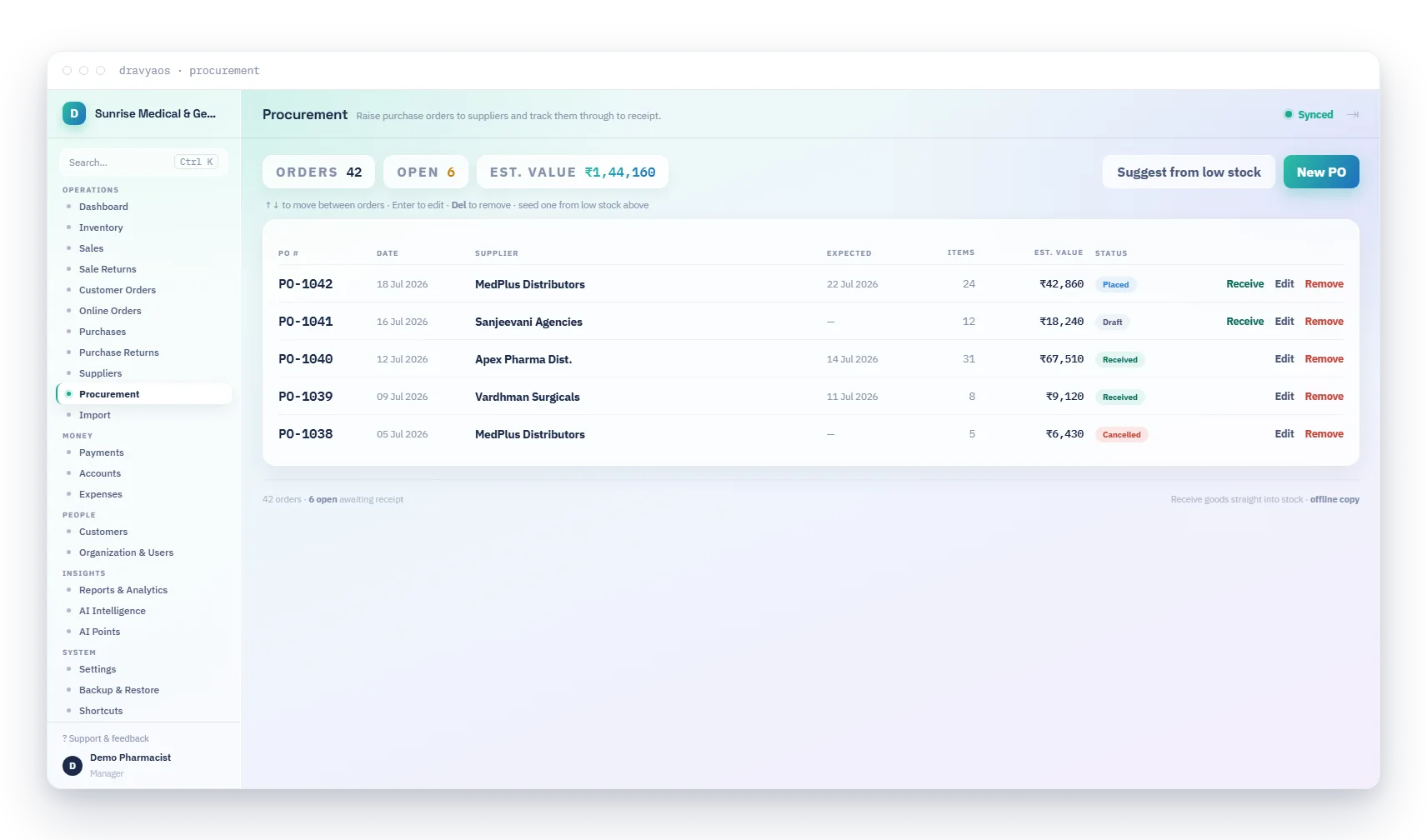 DravyaOS procurement raising purchase orders and tracking them to receipt