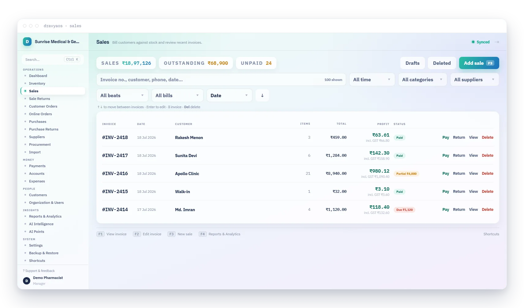 DravyaOS sales list — invoices with GST totals, profit, and paid or credit status