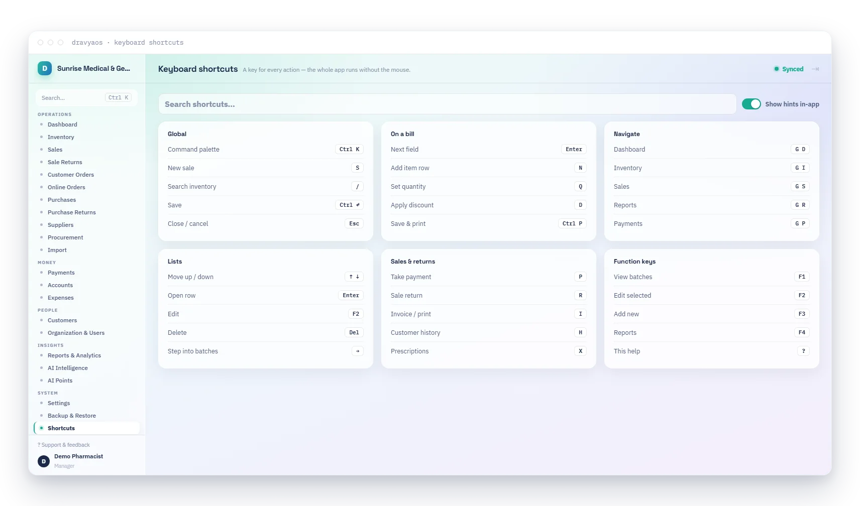 DravyaOS keyboard shortcuts overlay listing a key for every action