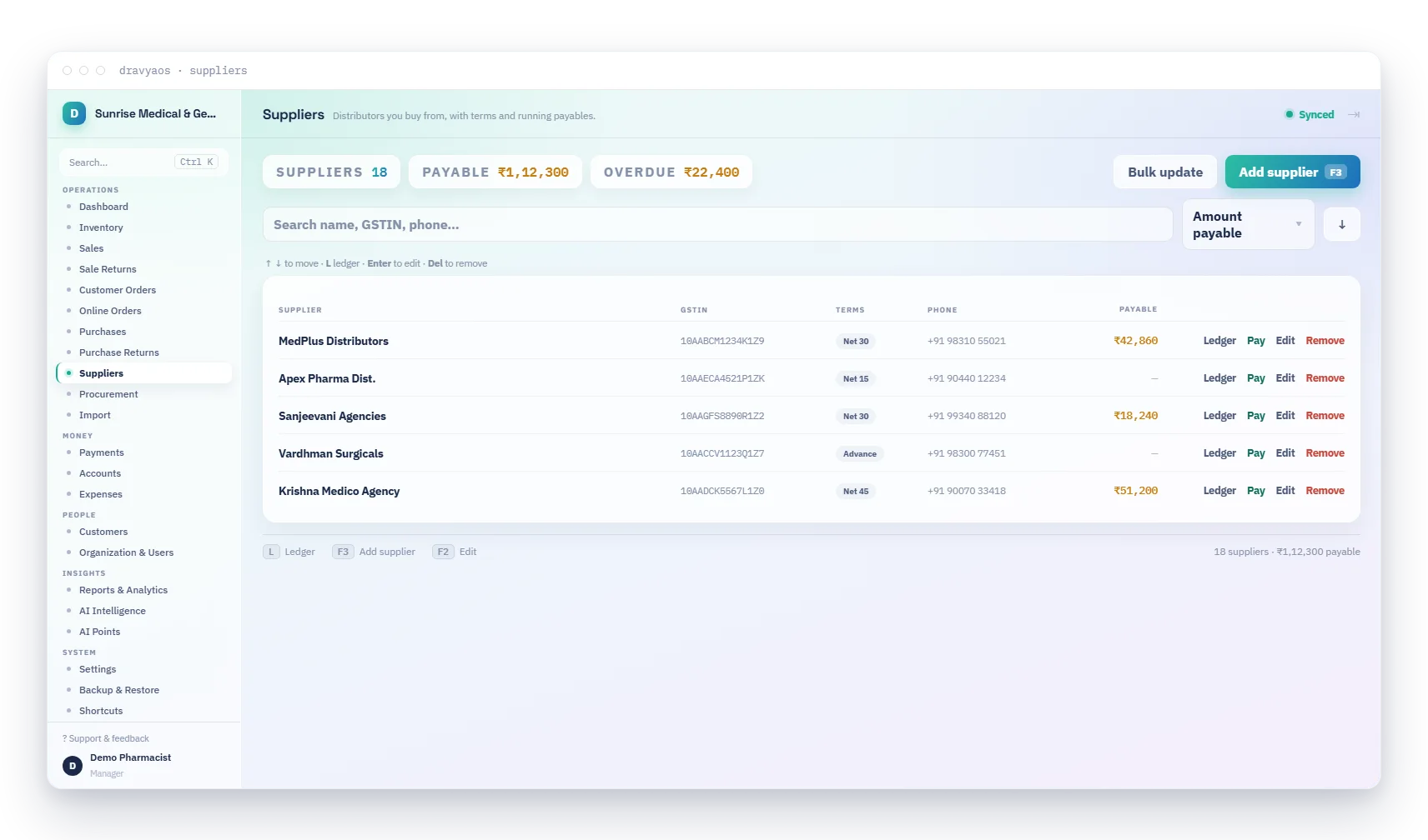 DravyaOS suppliers list with GSTIN, payment terms, and outstanding balances